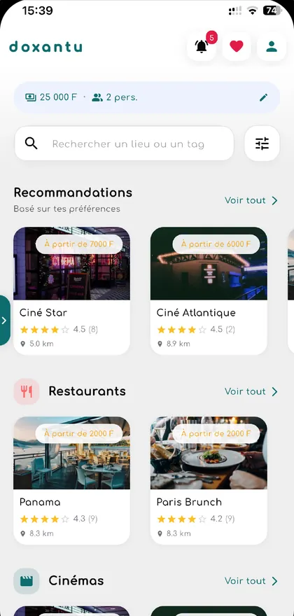 Écran de découverte : recommandations, restaurants et cinémas avec leur prix de départ