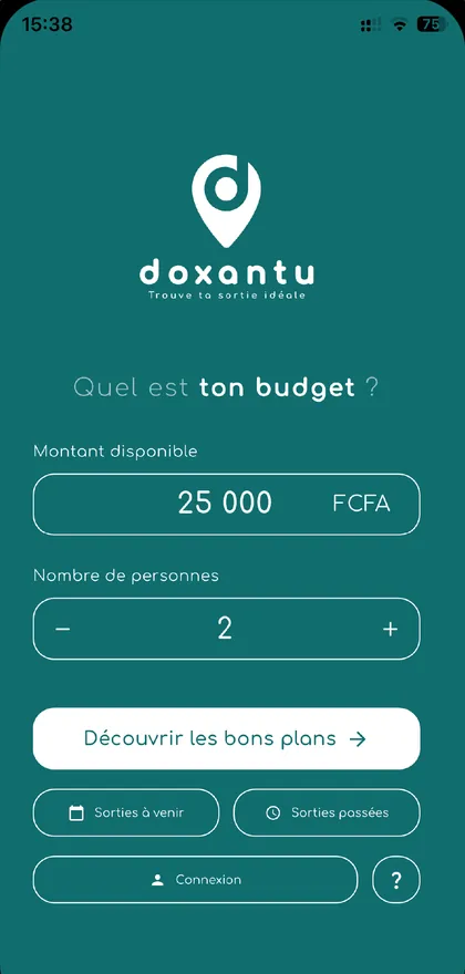 Écran d’accueil : « Quel est ton budget ? », 25 000 FCFA pour 2 personnes