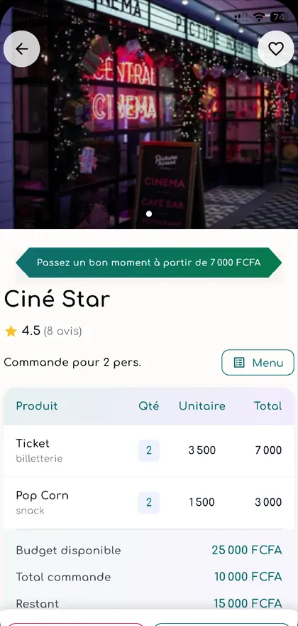 Fiche du Ciné Star : commande pour 2 personnes, total 10 000 FCFA, reste 15 000 FCFA
