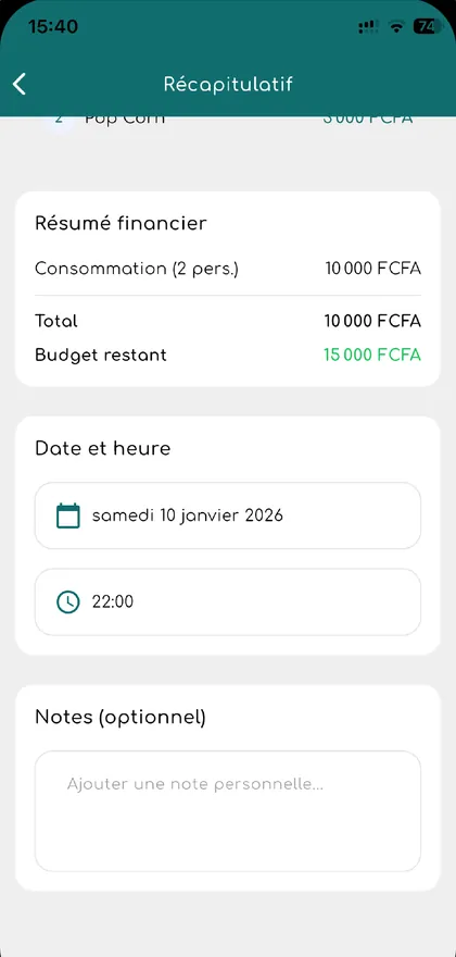 Récapitulatif : résumé financier, date du samedi 10 janvier à 22 h et note personnelle